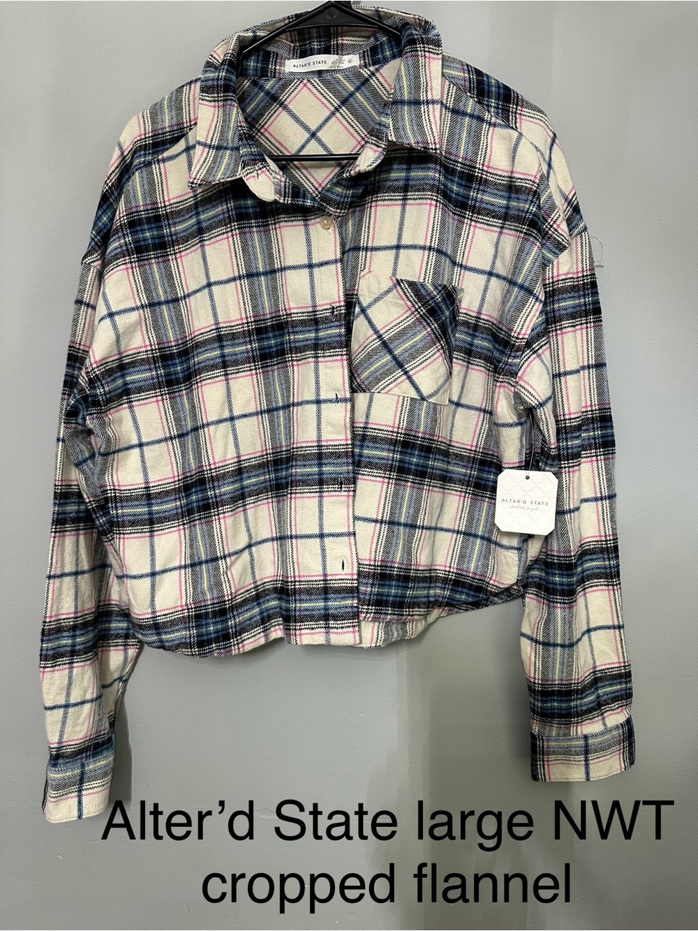 Altar'd State Cream, Blue & Pink Plaid Cropped Flannel Shirt